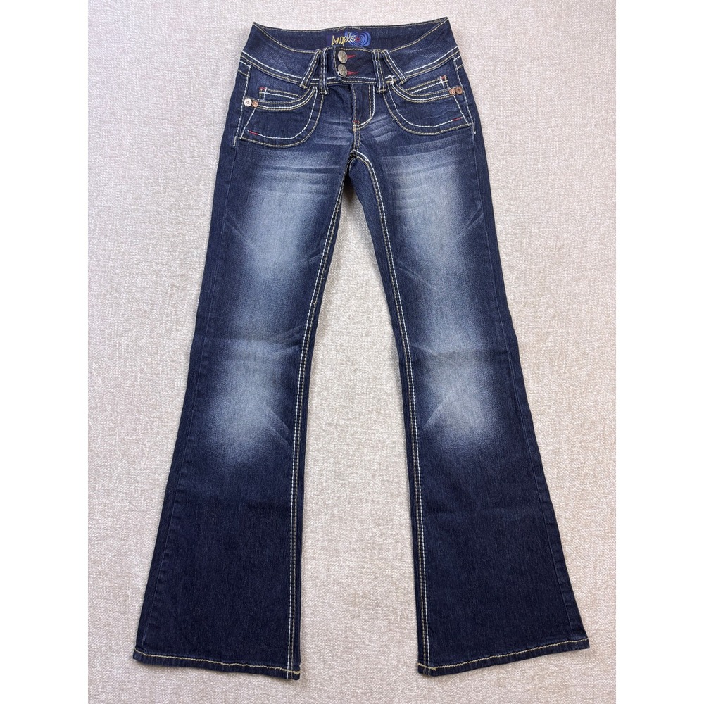Angels Flare Leg Jeans Dark Wash Thick Stitch Y2K Low Rise Size 1